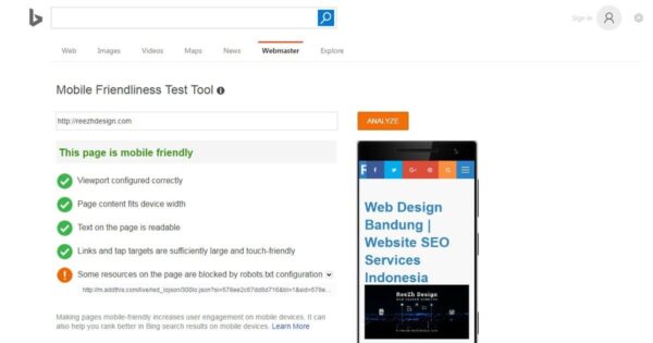 Bing Webmaster Tools Mobile Friendliness